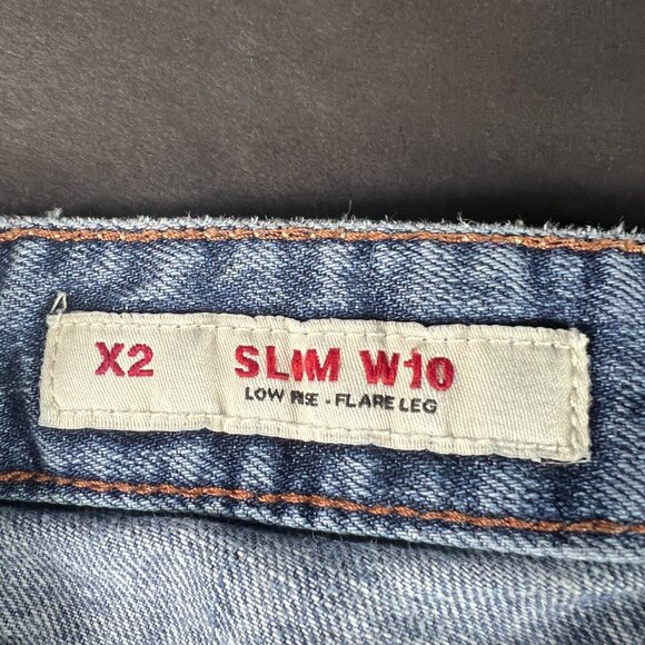 Express X2 Jeans Women's Measured 32x32 Slim Low Rise Flare Blue Denim Tag 6 L - Picture 7 of 16